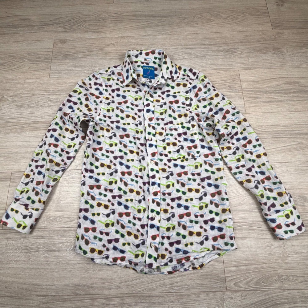 Michael's Women White 100% Linen Sunglasses Print Button Down Shirt Medium USA